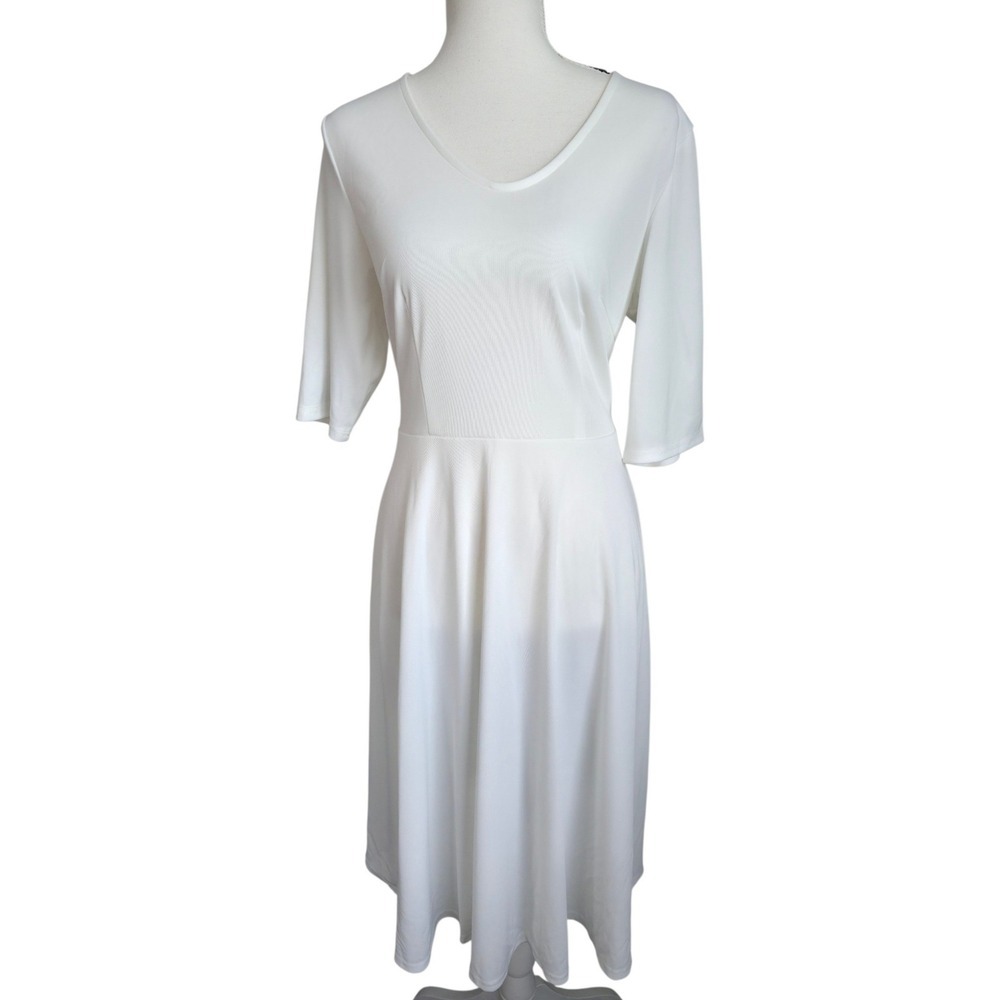 NWT Elesol White Midi Dress L Short Sleeve Flowy Skater Casual Stretch - Picture 2 of 10